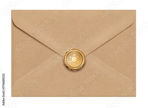 Kraft realistic paper closed vintage envelope with round golden wax seal stamp
