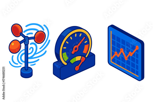 Wind Study Icons. Isometric vector illustration set Wind Turbulence Study Tools: anemometer reading fluctuating wind speeds,