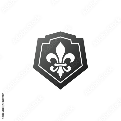A modern black and white shield icon featuring a fleur-de-lis symbol in the center, representing elegance, honor, and protection. This minimalist emblem design combines strength and sophistication