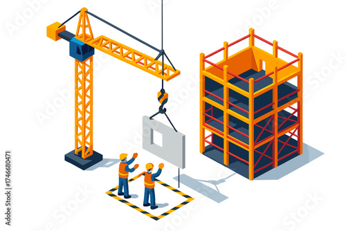 Construction Site Isometric. Isometric vector illustration set Construction Site Overview: crane lifting wall panel into place,