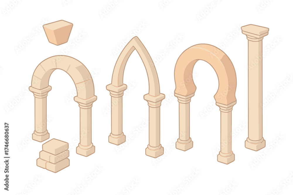 Fototapeta premium Architectural Arch Styles. Isometric vector illustration set Architectural Arch Styles: round Roman arch, pointed Gothic arch,