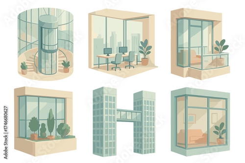 Isometric Skyscraper Features. Isometric vector illustration set Mixed-Use Skyscraper Features: glass elevator in mall atrium,