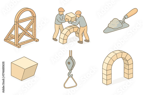 Arch Construction Process. Isometric vector illustration set Arch Assembly Process: wooden frame formwork, workers placing