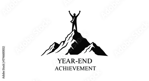 Silhouette of a triumphant person standing with arms raised on a mountain peak, celebrating achievement.