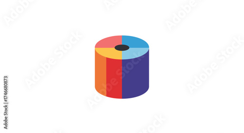 Colorful cylindrical shape with a central black circle minimal graphic design