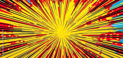 Vibrant radial comic book explosion; yellow, red, blue, black lines, graffiti texture, pop art style,  vector,  colorful