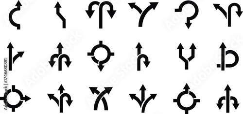 Road or way direction arrow icon set. One-way, Two-way, Three-way direction arrow sign. Fork sign, Way pointer symbol. Turn arrow navigation sign. Traffic route. Vector illustration !