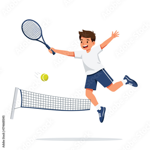 A cheerful young boy with a tennis racket leaps enthusiastically to hit a vibrant yellow ball over the net during a fun game.