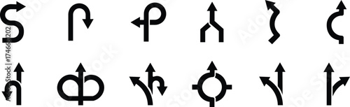 Road or way direction arrow icon set. One-way, Two-way, Three-way direction arrow sign. Fork sign, Way pointer symbol. Turn arrow navigation sign. Traffic route. Vector illustration !