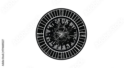 Intricate circular diagram with scientific symbols and celestial patterns on a white background.
