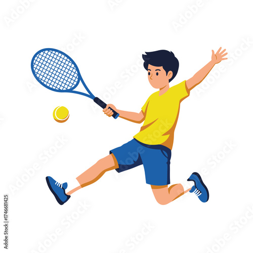 A vibrant illustration captures a young boy energetically playing tennis, mid-swing with his racket, demonstrating youthful athleticism and the joy of sports.