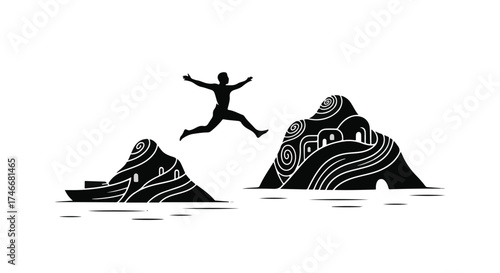 Silhouette of a person leaping between two stylized islands, representing a bold leap of faith or a journey.