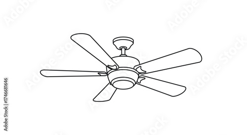 Simple black and white line drawing of a five blade ceiling fan