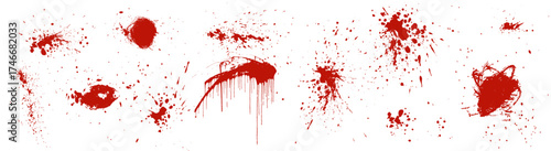 Blood splatter vector. Red stain texture. Drip splash background. Scary droplet smear. Horror spray shapes. Grunge spot stamps. Abstract isolated blot splash marks. Vampire ink spray pattern bg