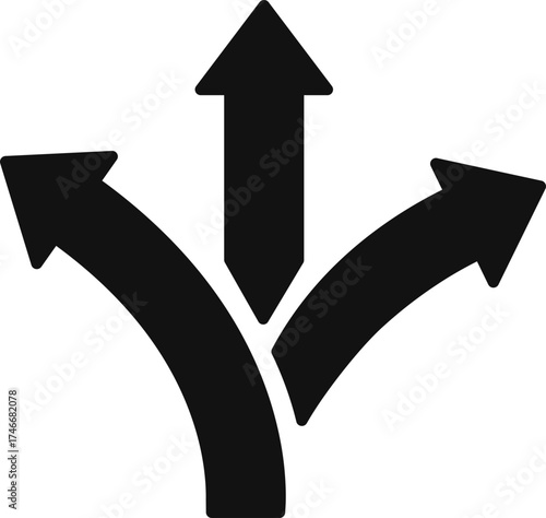 Way direction arrow sign icon. three arrow, way sign, road direction icon vector. three-way direction arrow sign.Way pointer symbol. Turn arrow navigation sign. Traffic route vector illustration.