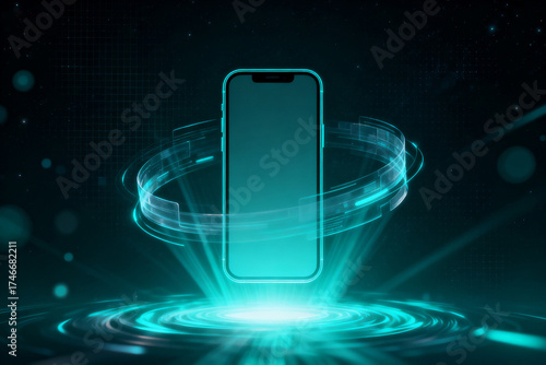 Futuristic smartphone with glowing rings