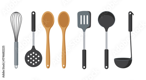Collection of kitchen utensils including whisks spoons spatulas and ladles