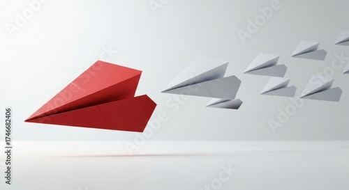 Red paper plane leading white ones on a clean, minimalist background