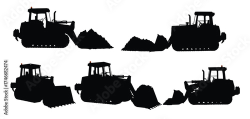 "Set of bulldozer silhouette vector illustrations with construction machinery pushing dirt piles, heavy equipment design for building, demolition, and excavation"