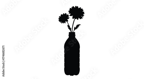 Simple black silhouette of sunflowers arranged in a dark glass bottle