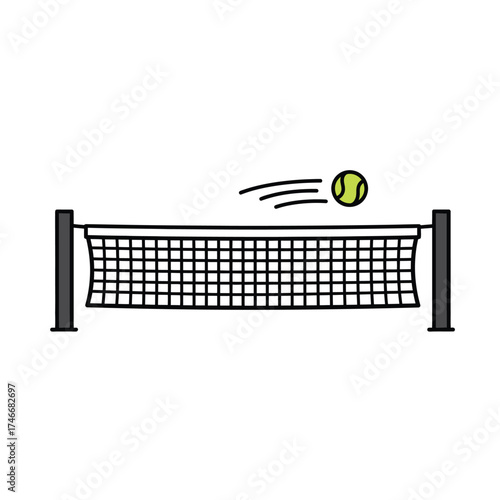 A lively green tennis ball is depicted mid-flight, gracefully soaring over a classic white net, symbolizing the dynamic action and competitive essence of a spirited sports game.