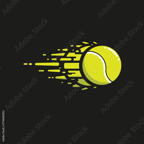 A vibrant yellow-green tennis ball is depicted in rapid motion with dynamic speed lines, symbolizing fast-paced athletic action and energetic movement.