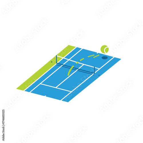 An isometric vector illustration depicts a vibrant blue and green tennis court with a net and a yellow ball, suggesting dynamic sports action and competition.