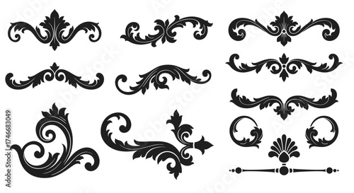 Collection of ornate black floral scrollwork and decorative design elements