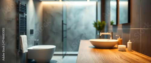 Sleek blurred bathroom, modern fixtures, wooden table in focus,  calm,  modern