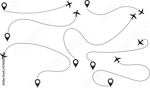 Multiple black airplane silhouettes with dotted flight paths and location markers on a white background