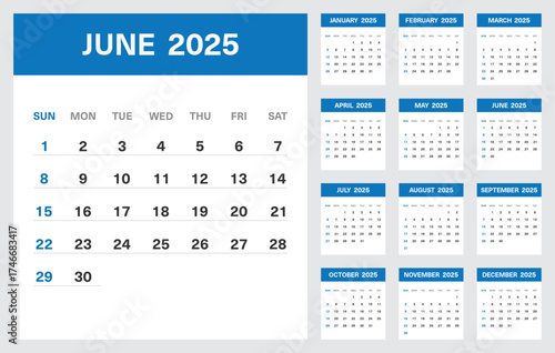 2025 Calendar Template with All Months and Highlighted June Page in Blue Theme