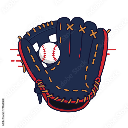 A classic dark blue baseball glove with red accents and a white baseball nestled inside, presented as a clean graphic illustration.