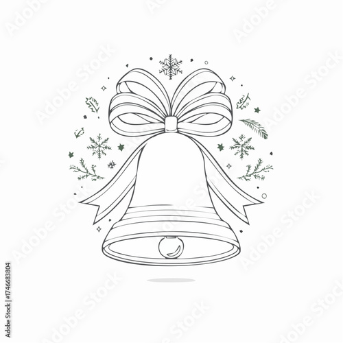 Christmas Bell with Bow and Snowflakes Outline.