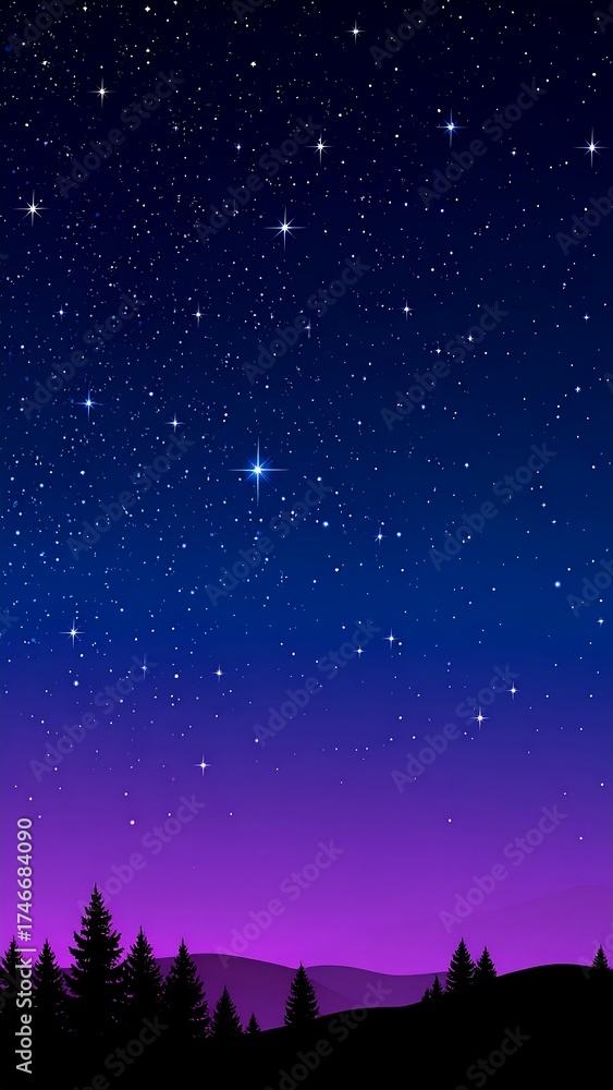 Fototapeta premium Night sky illustration with stars and silhouettes of trees