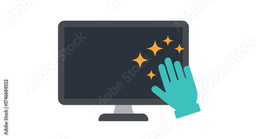 A hand in a blue glove cleaning a black computer monitor screen