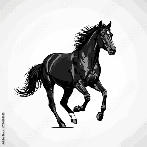 Majestic black horse in full gallop, exuding power and grace, perfect for equestrian themes, animal lovers, or adding a touch of elegance to your designs
