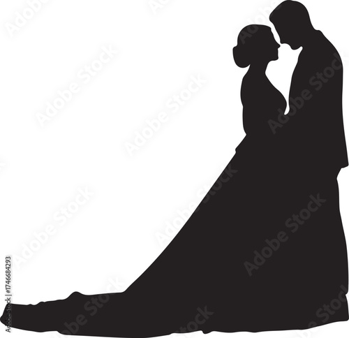 Silhouette of Bride and Groom Wedding Day Clipart Vector Illustration: Romantic Couple in Elegant Dress and Suit for Marriage Design