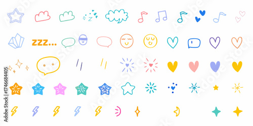 Collection of hand drawn pastel icons including stars hearts clouds music notes speech bubbles and emojis