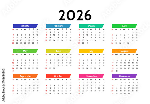 Calendar for 2026 isolated on a white background