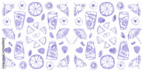 Refreshing summer drinks with citrus slices and tropical umbrellas in purple watercolor style