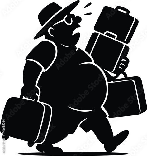 Funny fat man going on vacation. Cheerful traveler leaving for summer holiday. Portrait of happy excited bearded guy in striped swimsuit, bucket hat, and sunglasses holding black suitcase.