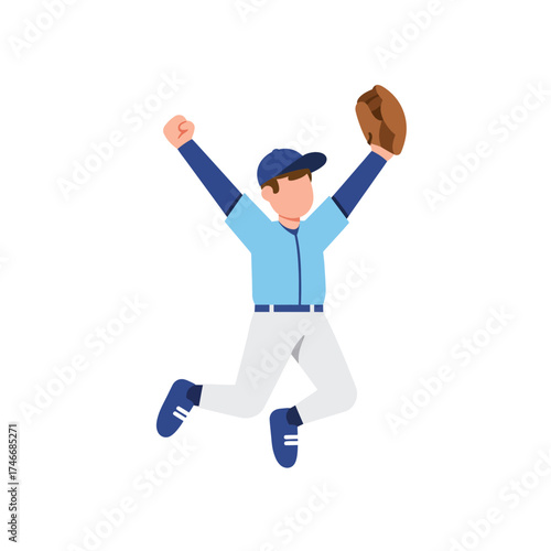 An enthusiastic young baseball player celebrates a triumphant victory, joyfully leaping with his glove held high, embodying spirited success.