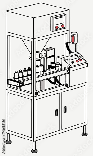 Automated Filling Machine for Containers Industrial Production Line Factory Equipment Manufacturing Process Illustration.