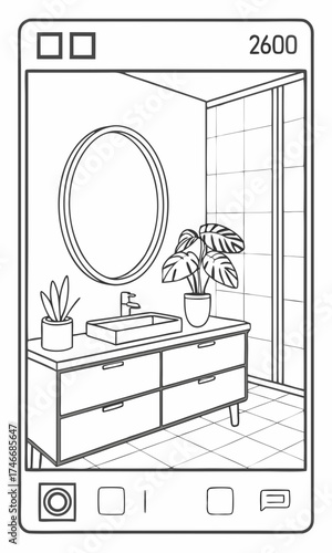 Bathroom interior design minimalist vanity plants modern sink round mirror tiled wall sketch line art illustration home decor home improvement interior sketch bathroom illustration d.