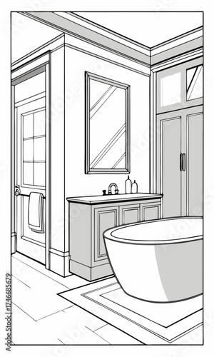 Bathroom interior design modern bathtub vanity and mirror illustration home decor blueprint architectural sketch house renovation plan.