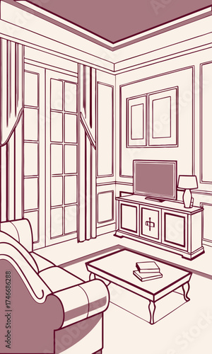 Classic Living Room Interior Design Sketch Elegant Home Decor Illustration Cozy Room Drawing Furniture Layout Plan.