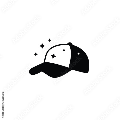 A sleek black and white baseball cap icon, subtly sparkling, represents fresh fashion, clean headwear, and new product appeal, ideal for modern graphic design.