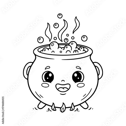 Boiling potion in cauldron outline illustration