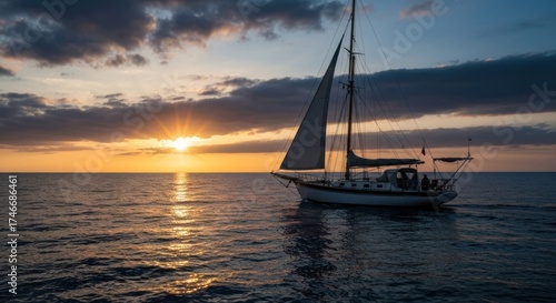 Sailboat glides on open ocean at sunset, sun bursting behind clouds