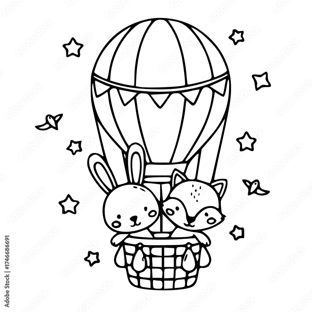 Obraz premium Cute bunnies hot air balloon outline illustration